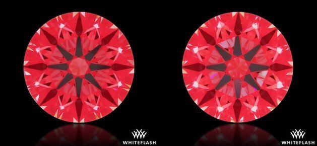 2 scheinbar identische Diamanten im Vergleich mit dem Ideal-Scope ausgeleuchtet Ideal-Scope-Aufnahmen - 2 scheinbar identische Diamanten im Vergleich