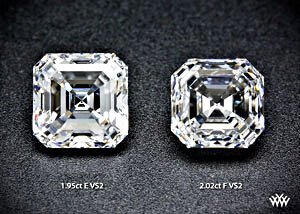 2 Diamanten mit Asscher-Schliff im Vergleich: links mit 1.95 Karat, rechts mit 2.02 Karat 2 Diamanten mit Asscher-Schliff im Vergleich: links mit 1.95 Karat, rechts mit 2.02 Karat