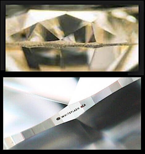 Ausschnitt eines Diamanten mit einer grob belassenen Rundiste - darunter Rundiste mit sauberem Feinschliff Ausschnitt eines Diamanten mit einer grob belassenen Rundiste - darunter Rundiste mit sauberem Feinschliff