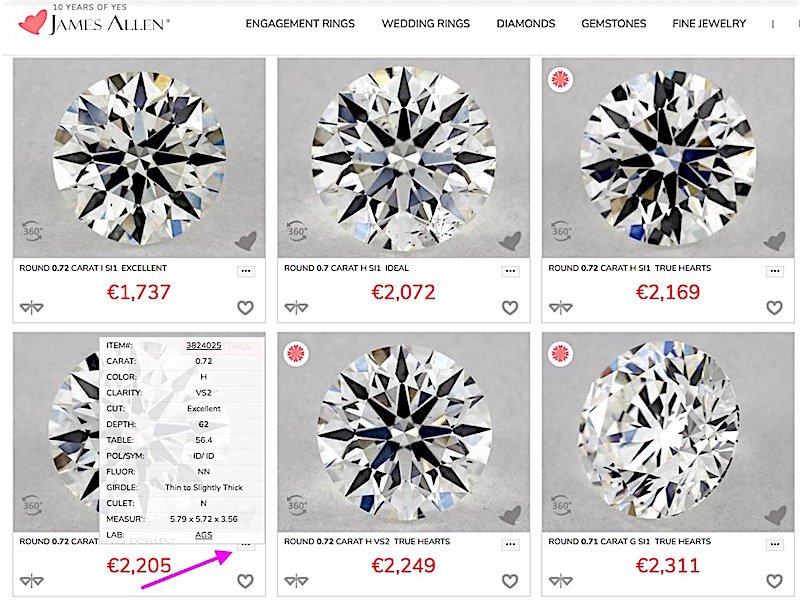 Ausschnitt aus James Allen Liste Loose Diamonds mit Auswahl eines bestimmten Diamanten mit Suchhilfe, auf denen die wichtigsten Daten des betreffenden Diamanten stehen Ausschnitt aus James Allen Liste Loose Diamonds mit Suchhilfe des Kurzüberblicks der Daten und 1000 gute Gründe zu Ihrem Diamantring-Kauf bei James Allen