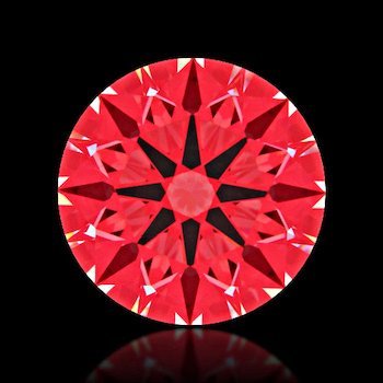 Abbildung der roten Reflexionsfolie durch das Ideal-Scope - Schliff von Diamanten mit "Super-Ideal-Cut"