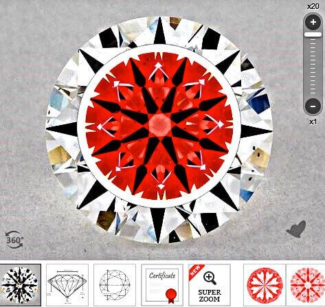 Ideal-Scope-Aufnahme des Diamanten rechts aus der Liste der vorherigen Seite mit 1.056 Karat Ideal-Scope-Aufnahme des Diamanten rechts aus der Liste der vorherigen Seite mit 1.056 Karat