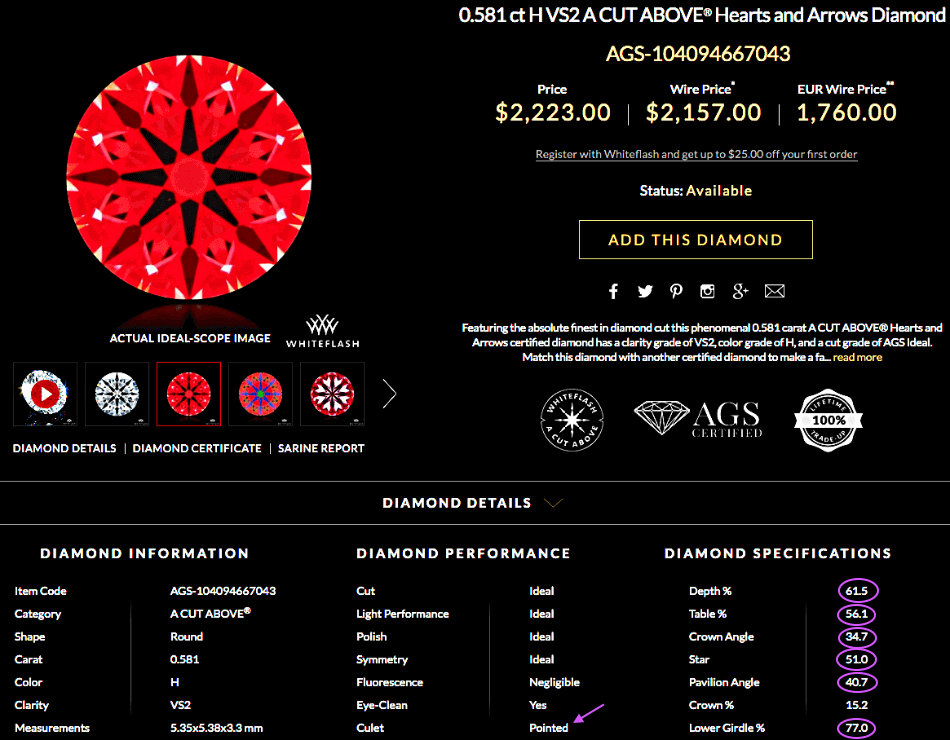 Whiteflash Ideal-Scope-Aufnahme des rund geschliffenen Diamanten mit 0,581ct VS2, der Farbe H. Hearts and Arrows mit idealen Proportionen Whiteflash Ideal-Scope-Aufnahme des rund geschliffenen Diamanten mit 0,581ct VS2, der Farbe H. Hearts and Arrows mit idealen Proportionen