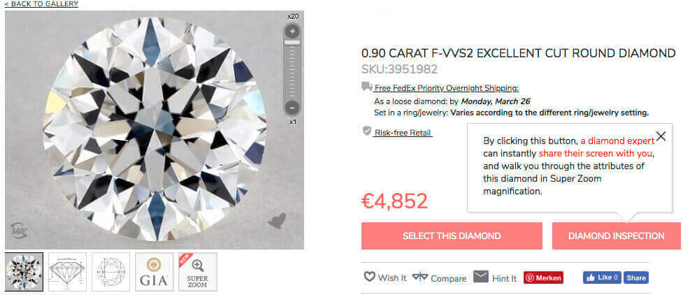 3. Beispiel Diamant rund 3x Excellent Cut 0.90ct F VVS2 Tiefe 63.8%
