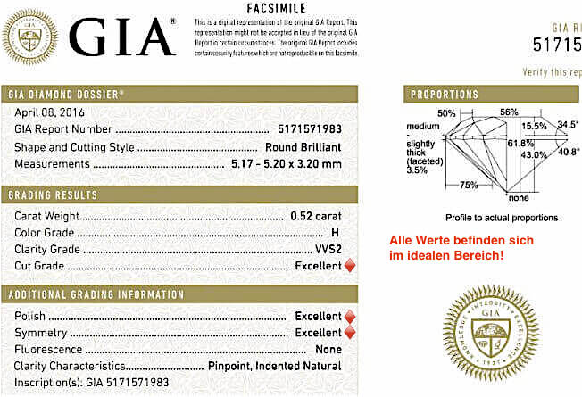 4. Beispiel Diamant rund 3-fach Excellent GIA-Zertifikat 0.52ct H VVS2 True Hearts