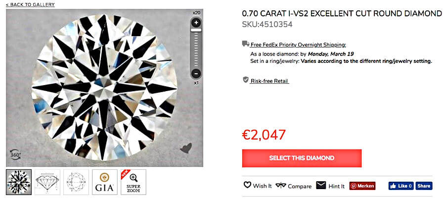rund, Brillantschliff 070ct, Farbe I, VS2, 3 x Excellent Rund, Brillantschliff 070ct, Farbe I, VS2, 3 x Excellent