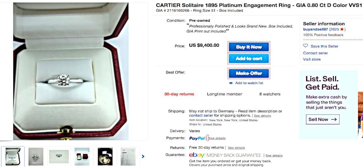  Beisp2 - Solitär mit Cartier Diamanten 0.80ct, Farbe D, VVS1 in klassischer Cartier-Box, Angebot bei eBay