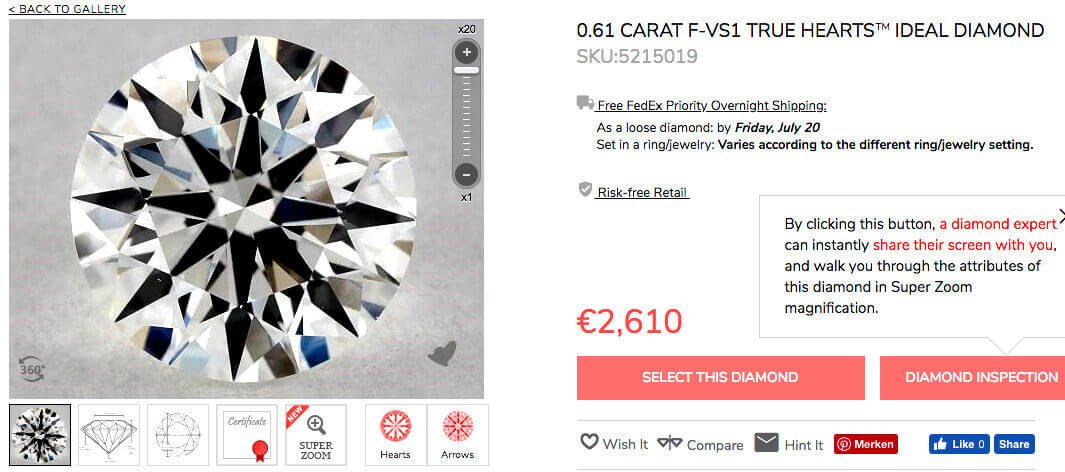 Beispiel James Allen Diamant 0.61 Karat Farbe F, Reinheitsgrad VS1 True Hearts Beispiel James Allen Diamant 0.61 Karat Farbe F, Reinheitsgrad VS1 True Hearts