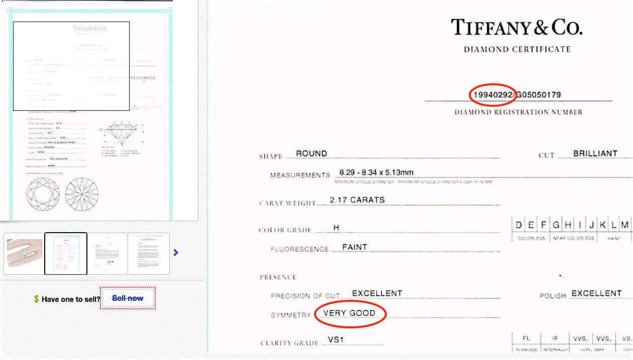 Tiffany-Zertifikat mit den Schliff-Bewertungen für den Diamanten mit 2.17ct Farbe H Reinheit VS1 Tiffany-Zertifikat mit den Schliff-Bewertungen für einen Diamanten, 2.17ct H VS1