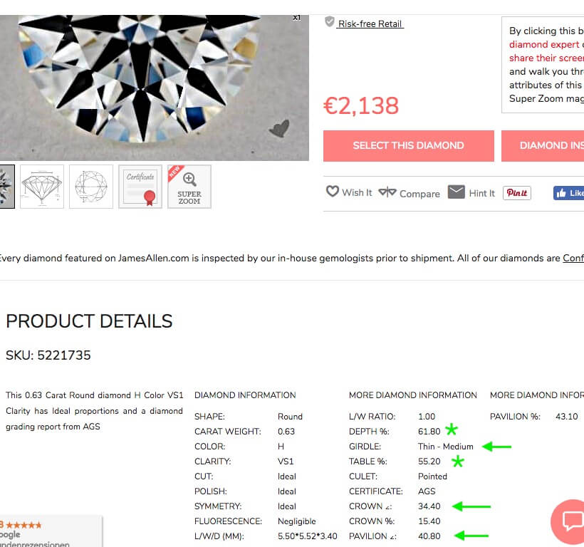 Vorauswahlfeld eines Diamanten (3) mit den wichtigsten Daten der AGS-Bewertungen unterhalb des Bildes (James Allen)