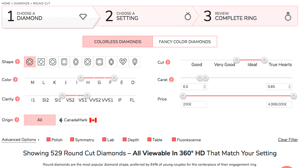 Vorauswahlfeld von Diamanten innerhalb einer gewünschten Größenordnung (James Allen) 1. Schritt für das Filtern der Diamant Schliff-Qualität - perfekten Diamant Verlobungsring kaufen