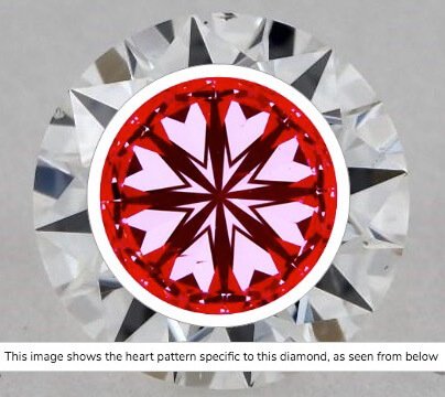 Hearts-Scope-Aufname von Diamant 0,71ct Farbe F Reinheit VS2. Im unteren Bereich 2 Einschlüsse, die jedoch mit normalen Augen (bei VS2) nicht sichtbar sind