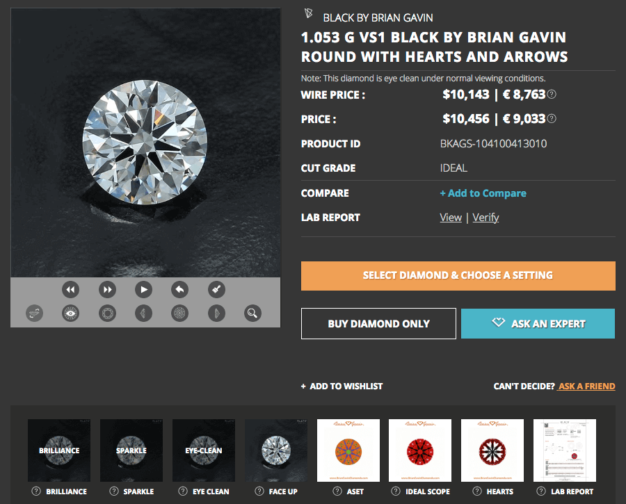 Ansicht eines Hearts and Arrows Diamanten der Black-Serie von Brian Gavin, 1,053 Karat, Farbe G, VS1 Ansicht eines Hearts and Arrows Diamanten der Black-Serie von Brian Gavin, 1,053 Karat, Farbe G, VS1