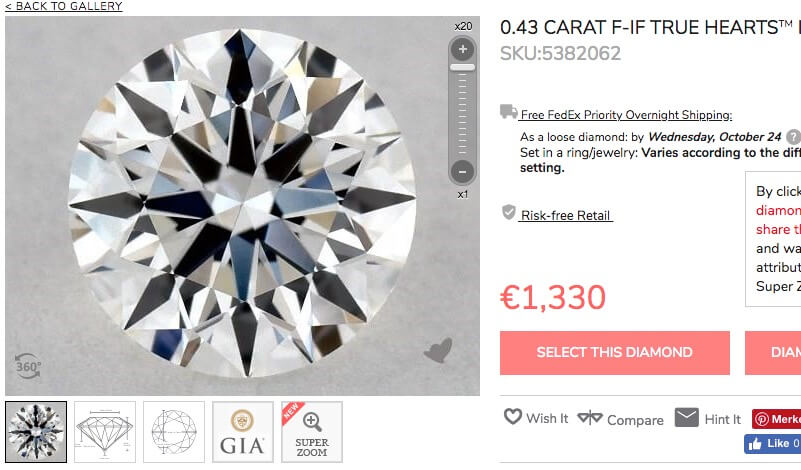Hearts and Arrows-Diamant, 0,43 Karat, Farbe F, Reinheit IF mit idealen Werten
