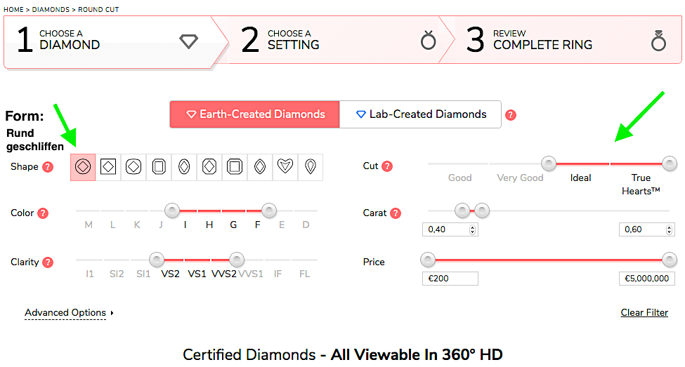 Voreinstellung für den Diamant-Schliff auf einer Internet-Seite beim Online-Juwelier, hier James Allen