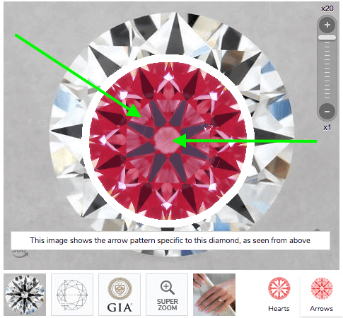 Ideal-Scope-Aufnahme von einem Diamanten mit 0.56 ct G VS2, 3-fach Excellent, idealen Proportionen mit Lichtlecks - Zweites Beispiel für hochwertigen Diamanten sicher kaufen