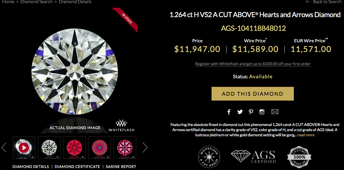 H&A Diamond 1.264 ct Color H, Clarity VS2, A Cut Above®️ By Whiteflash 